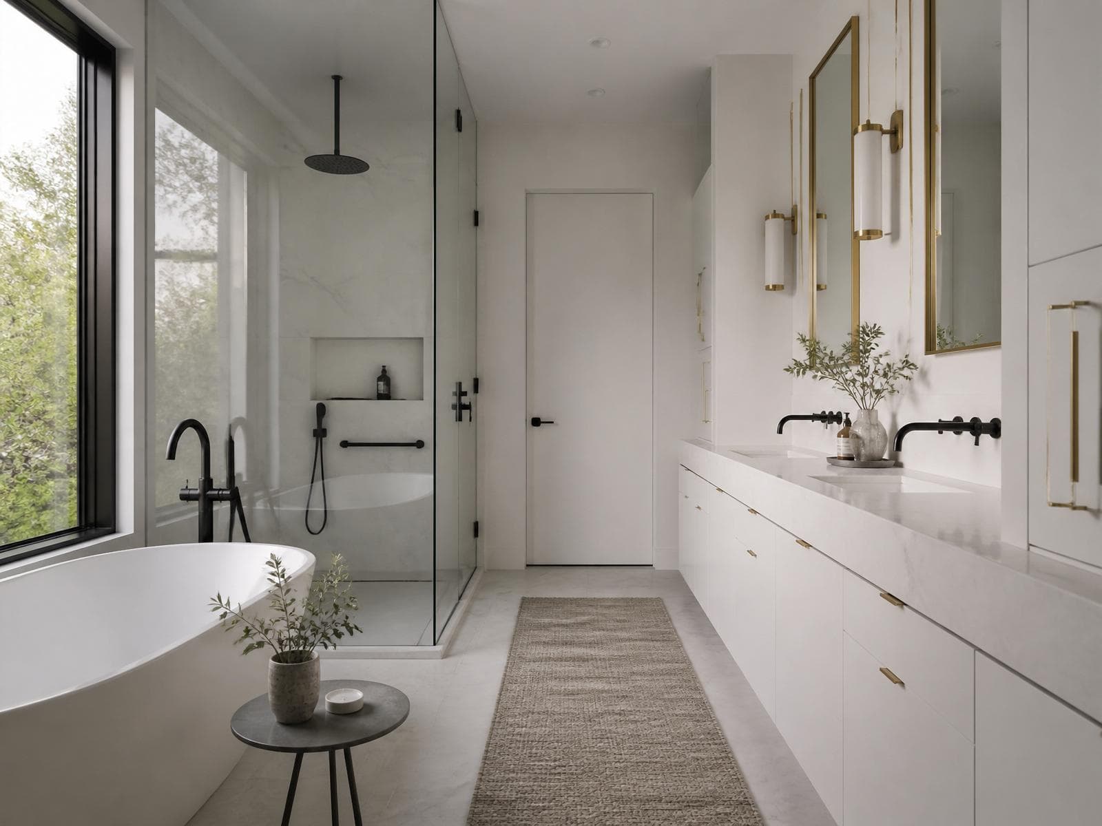 A finished primary bath with matte black fixtures on white marble